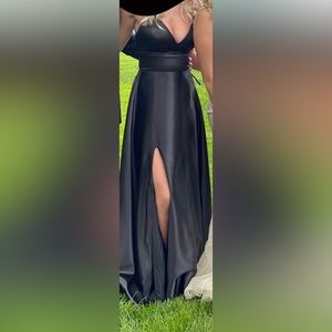 Black satin crossed back long dress, worn once, has a slit